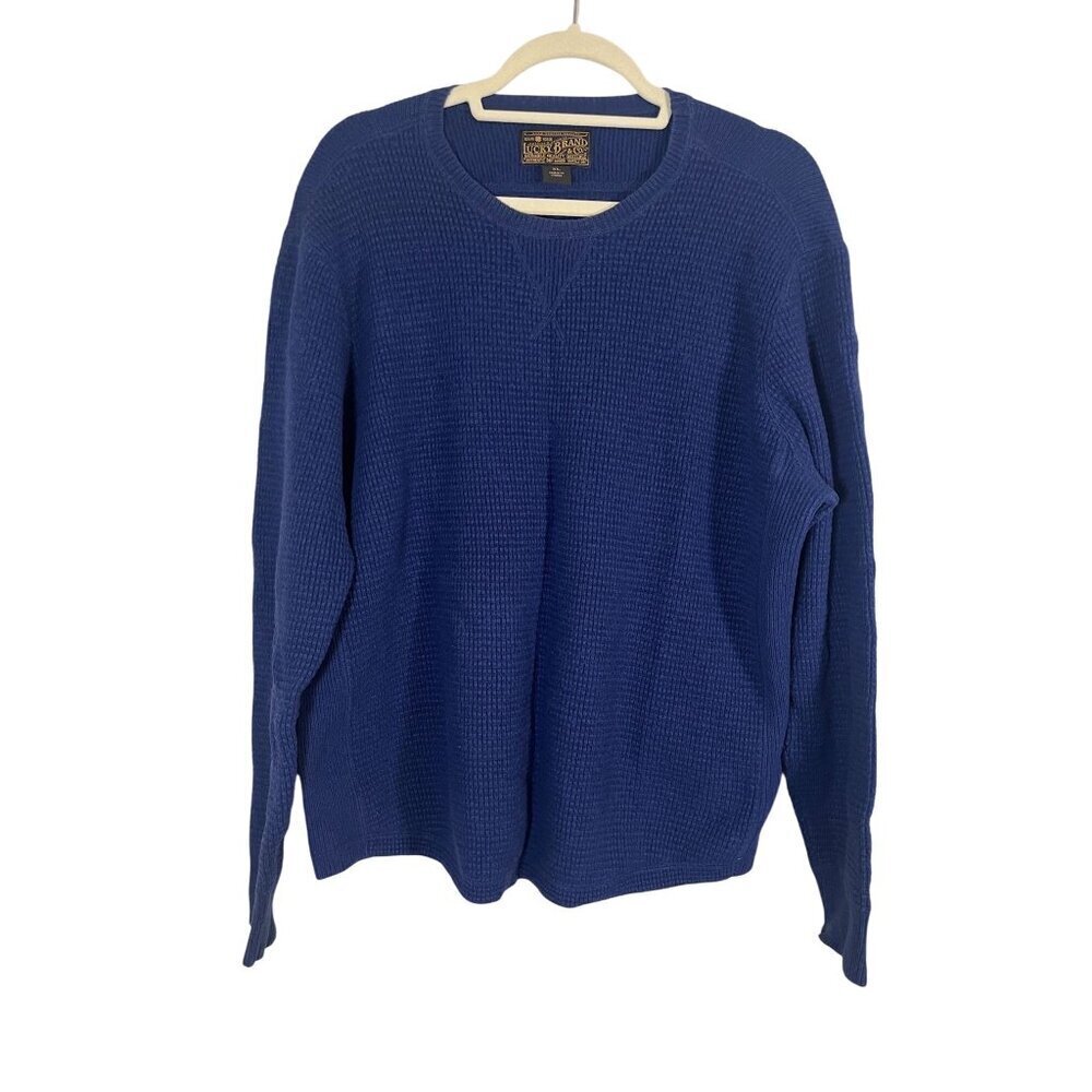 Lucky Brand Knit Sweater XL Blue Waffle Retro Classic Preppy Old Money 80s